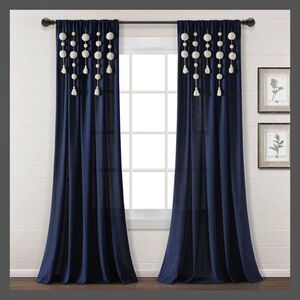 Lush Decor - 95"x52" Boho Pom Pom Tassel Linen Window Curtain P Navy Blue